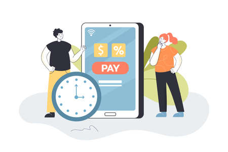 Tiny peoples phone reminder of time to pay money. Man and woman standing with clock and smartphone flat vector illustration. Late payment, loan concept for banner, website design or landing web pageのイラスト素材