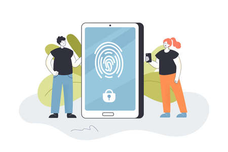 Tiny customers using phone with fingerprint identification. Thumbprint on screen of smartphone of man and woman flat vector illustration. ID concept for banner, website design or landing web pageのイラスト素材