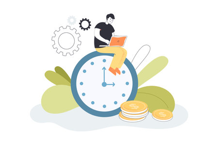 Tiny freelancer working remotely on laptop. Man earning money using computer sitting on clock flat vector illustration. Remote work, freelance concept for banner, website design or landing web pageのイラスト素材