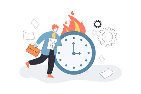 Corporate worker running in hurry near burning clock. Stress and lack of time of tiny busy man flat vector illustration. Deadline, burnout concept for banner, website design or landing web pageのイラスト素材