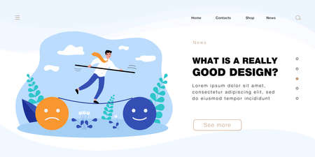 Office worker balancing on rope between good and bad mood. Man controlling emotions flat vector illustration. Mental health, harmony, psychology concept for banner, website design or landing web pageのイラスト素材
