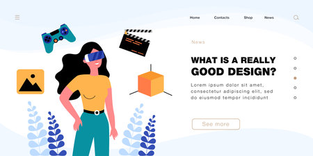 Virtual games and work of female user in VR glasses. Woman with flying joystick, clapperboard, 3d...