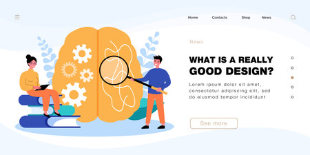 Tiny characters with logical and creative halves of brain. Organized woman reading book, man examining tangle with magnifier flat vector illustration. Intelligence, psychology concept for bannerのイラスト素材