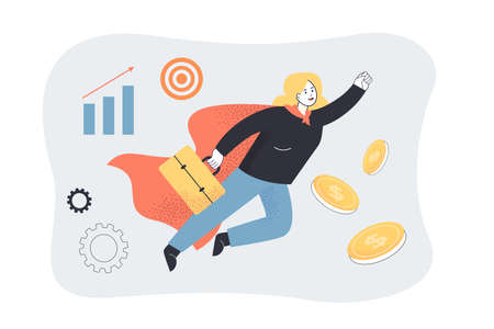 Businesswoman in cape of superhero flying to business success. Tiny superwoman with superpower flat vector illustration. Confidence, leadership concept for banner, website design or landing web pageのイラスト素材