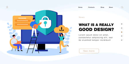 People protecting private information with antivirus software. Tiny man with key to lock on safe shield flat vector illustration. Cyber security concept for banner, website design or landing web pageのイラスト素材