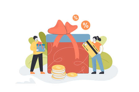 Gifts and discounts for tiny customers for loyalty to store. Tiny man holding present box and credit card flat vector illustration. Promotion concept for banner, website design or landing web pageのイラスト素材