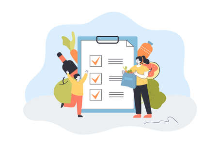 Family planning list of purchases for shopping in supermarket. Tiny woman and boy with food checklist flat vector illustration. Grocery, order concept for banner, website design or landing web pageのイラスト素材