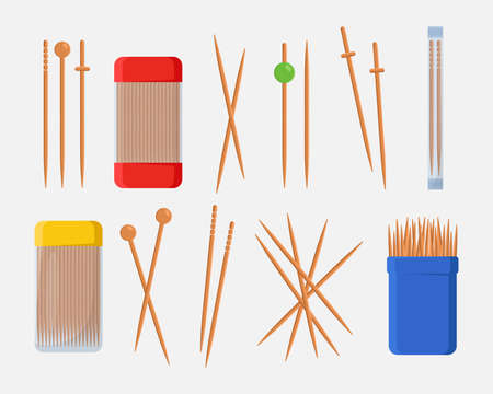 Toothpicks for cocktails or food vector illustrations set. Wooden picks or sticks for drinks or picking teeth isolated on white background. Food, dental or oral hygiene, party conceptのイラスト素材