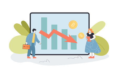 Shocked tiny businessman and woman looking at falling graph. Chart with down arrow, financial loss...