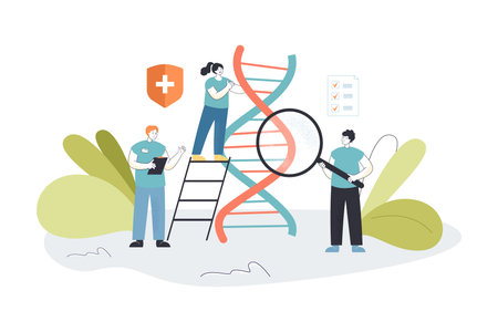 Tiny scientists analyzing DNA flat vector illustration. Doctors researching human genome....