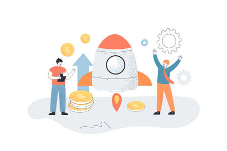 Businessmen launching rocket flat vector illustration. Happy partners working together, launching startup. Business, teamwork, innovation concept for banner, website design or landing web pageのイラスト素材