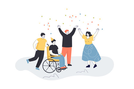 Man sitting on wheelchair and celebrating birthday. Person with disability surrounded by love and care flat vector illustration. Party, event concept for banner, website design or landing web pageのイラスト素材