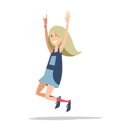 Teenage girl joyfully jumps with her hands up. Simple flat vector isolated on white backgroundのイラスト素材
