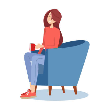Smiling woman in armchairs drinking coffee flat vector illustration. Cartoon people relaxing and talking at lunch. Coffee break and officeのイラスト素材