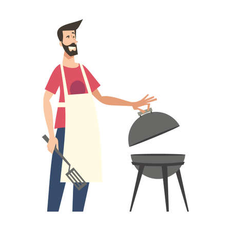 Family enjoying barbecue in backyard. Parent cooking bbq food, while kids and dog having fun in garden. Vector illustration for homeのイラスト素材