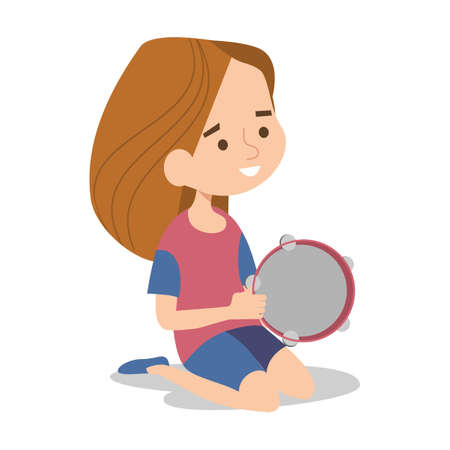 Children sitting on grass and playing musical tambourine instrument. Kids enjoying outdoor music class. Daycare activitiesのイラスト素材