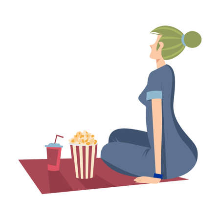 Young girl watching movie outdoors in evening. Couples dating in open air cinema theater and sitting at big screen. Vector illustration for nightのイラスト素材
