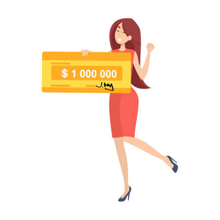 Happy girl winning million dollars flat vector illustration. Young winners holding money bank cheque from jackpot. Lottery gain, prizeのイラスト素材