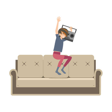 Teenager in tape recorder in his hands listens to music and jumps on sofa. Flat vector isolated on white backgroundのイラスト素材