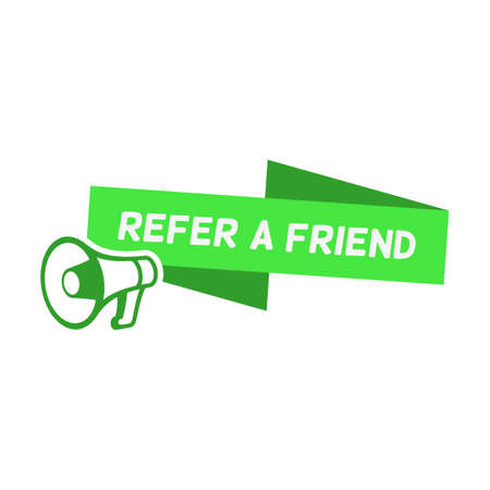 Refer friend announcement. Bright speech bubbles, ribbons megaphone, abstract shapes Vector illustration for referral program, recommendation, social marketingのイラスト素材