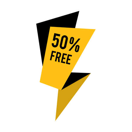 Sale 50 and discount promotion tag. Special offer and best price yellow ribbon and sign. Vector illustration for retail, commerce, marketing, advertisingのイラスト素材