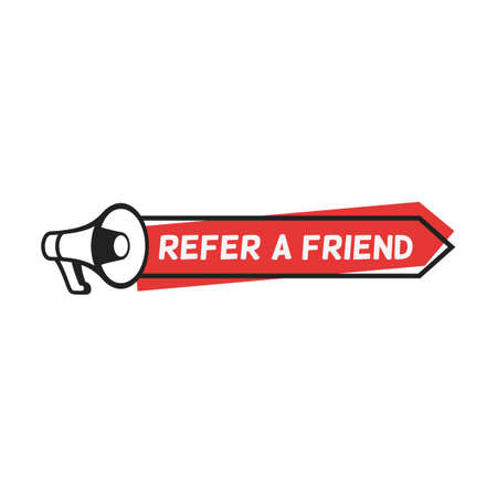Referral program, recommendation, social marketing. Refer friend announcement with loudspeaker. Speech bubbles, ribbons megaphoneのイラスト素材