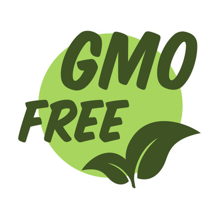 GMO free logo flat icon. Fresh, natural, gluten free food stamps vector illustration set. Vegan bio GMO free food. Nature and healthy products conceptのイラスト素材