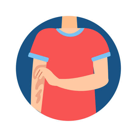 Allergy itch symptom cartoon vector illustration. Educational banner with man suffering from runny nose, rash, red eyes because of food, dust, insectsのイラスト素材