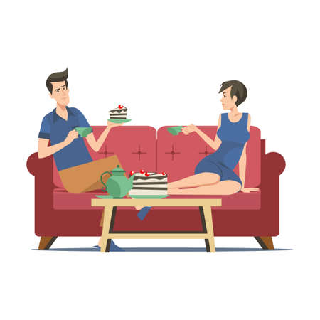 Couple drinking tea in apartment. People sitting on sofa in living room, eating cake and talking. Vector illustration for cozy home, hygge, coffee breakのイラスト素材