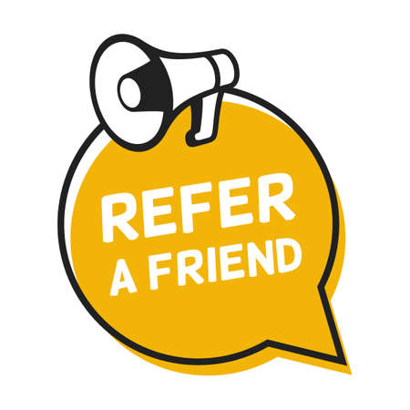 Vector illustration for referral program, recommendation, social marketing. Refer friend announcement with loudspeaker. Bright speech bubbles, ribbons megaphone, abstract shapesのイラスト素材