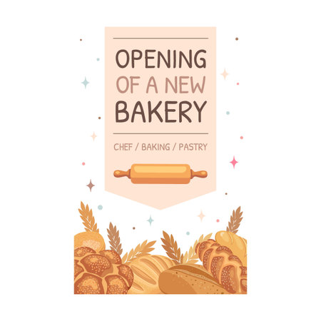 Card with pastry. Loaves of bread, muffins, birthday cupcakes vector illustration with text, time, date. Holiday and dessert concept for announcement poster and party flyer design