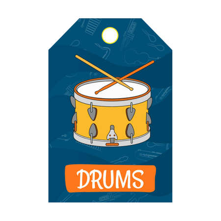 Special tag design with musical instruments. Drums and maracas on blue background. Concert and entertainment concept. Template for greeting labels or invitation cardのイラスト素材