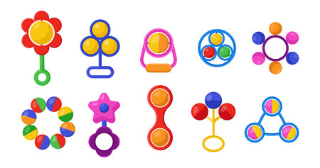 Cute rattles for newborn babies flat vector illustrations set. Collection of cartoon drawings of toys for infants isolated on white background. Childhood, toys, entertainment conceptのイラスト素材
