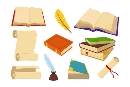 Quills, old books and paper vector illustrations set. Papyrus or parchment scrolls, stack of hard cover books, quill pens with inkwell isolated on white background. Literature, fantasy, poetry conceptのイラスト素材