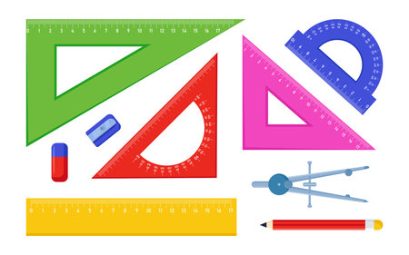 Tools for geometry lessons vector illustrations set. Instrument for elementary school students, triangles, rulers, protractor isolated on white background. Geometry, stationery, education conceptのイラスト素材