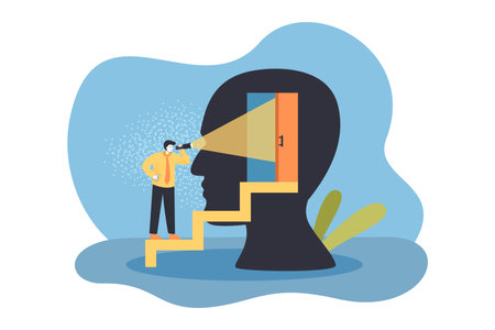 Businessman with flashlight directing light into open door. Tiny man standing at entrance to human mind flat vector illustration. Career concept for banner, website design or landing web pageのイラスト素材