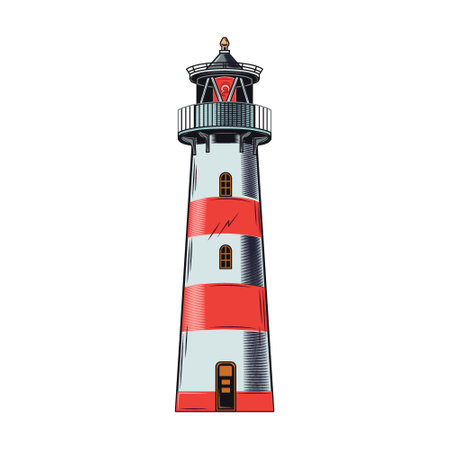 Lighthouse. Maritime and nautical element illustration. Vintage design with sea animals, ship, wave, anchor, pipe and bell isolated vector. Marine objects and accessoriesのイラスト素材
