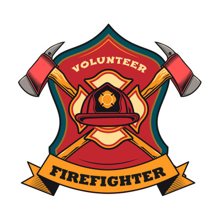 Firefighter patch. Badges with axes, hydrant, red heraldry with ribbons. Vector for firemenのイラスト素材
