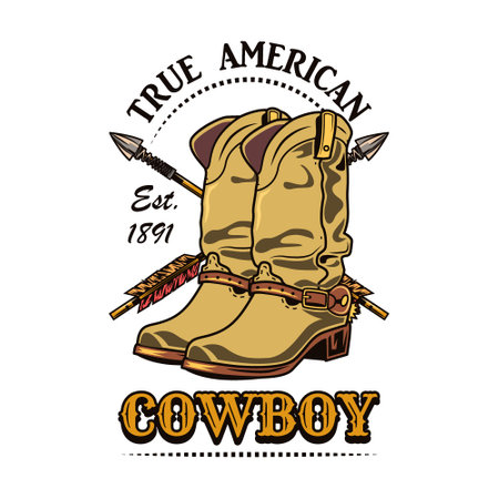Wild west sign. Colorful saloon or rodeo emblems and label with cowboy boots vector illustrationのイラスト素材
