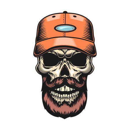 Colored skull badge. Scary skull with bandana, crown, gentleman cap, hair and headset isolated vector illustration. Shirt design and racer tattoo conceptのイラスト素材