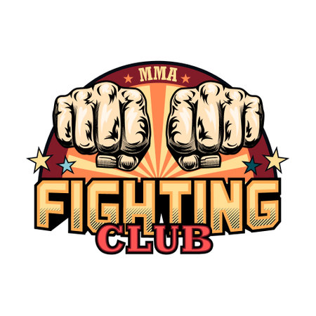 Fight club with fist label. Boxing and fighting club emblem with arm isolated vector illustration. Kickboxing, sport, martial arts and design elements conceptのイラスト素材