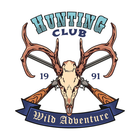 Animal hunting sign. Hunting club labels and shields with crossed guns, skull, deer or hunter dog vector illustration. Nature and wild adventure conceptのイラスト素材