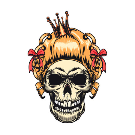 Colored skull badge. Scary skulls with helmet, bandana, crown, gentleman cap, hair and headset isolated vector illustration. Shirt design and racer tattoo conceptのイラスト素材