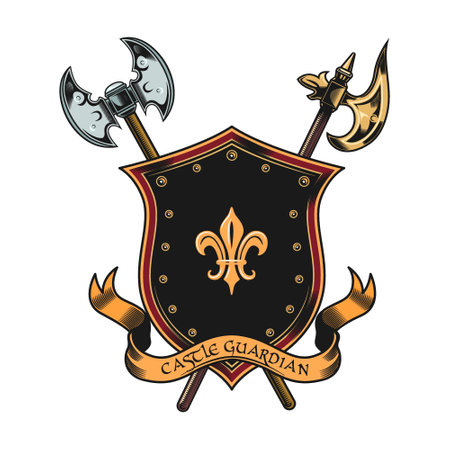 Medieval knight accessories. Shields, axes illustrations isolated on beige background. For military, fight, or sport team label templatesのイラスト素材