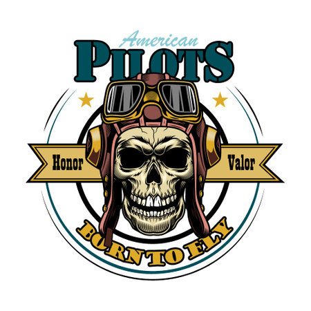 Army emblem. Template label with skulls in pilot helmets or soldier hats, air force eagle wings, text and ribbons. Vector illustrations isolated on blackのイラスト素材