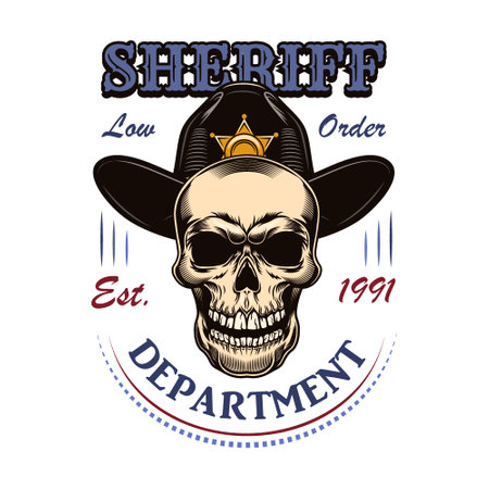 Wild west sign. Colorful saloon or rodeo emblems and label with cowboy skull, guns and boots vector illustration. Wanted placardのイラスト素材