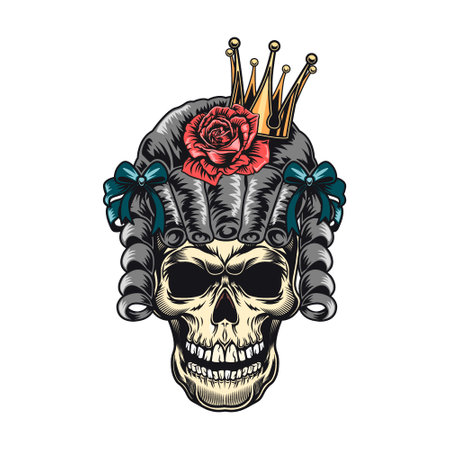 Colored skull badge. Scary skull with gentleman cap, hair and headset isolated vector illustration. Shirt design and racer tattooのイラスト素材
