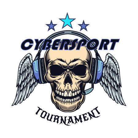 Video game emblem. Badge with skulls, game pads, VR headsets. Vector illustrations for gamer contest, cyber sportのイラスト素材
