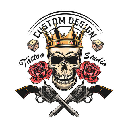 Vintage tattoo studio black and white emblem. Retro logos with cross guns, skulls in crown, skeleton, rose isolated vector illustration. Tattoo studio and design elements conceptのイラスト素材