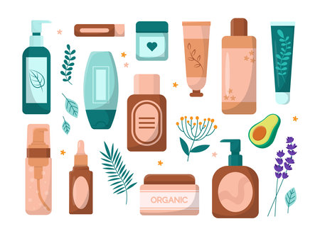 Organic products for skincare flat vector illustrations set. Collection of drawings of tubes, bottles and jars of natural cream isolated on white background. Skin care, cosmetics, beauty conceptのイラスト素材
